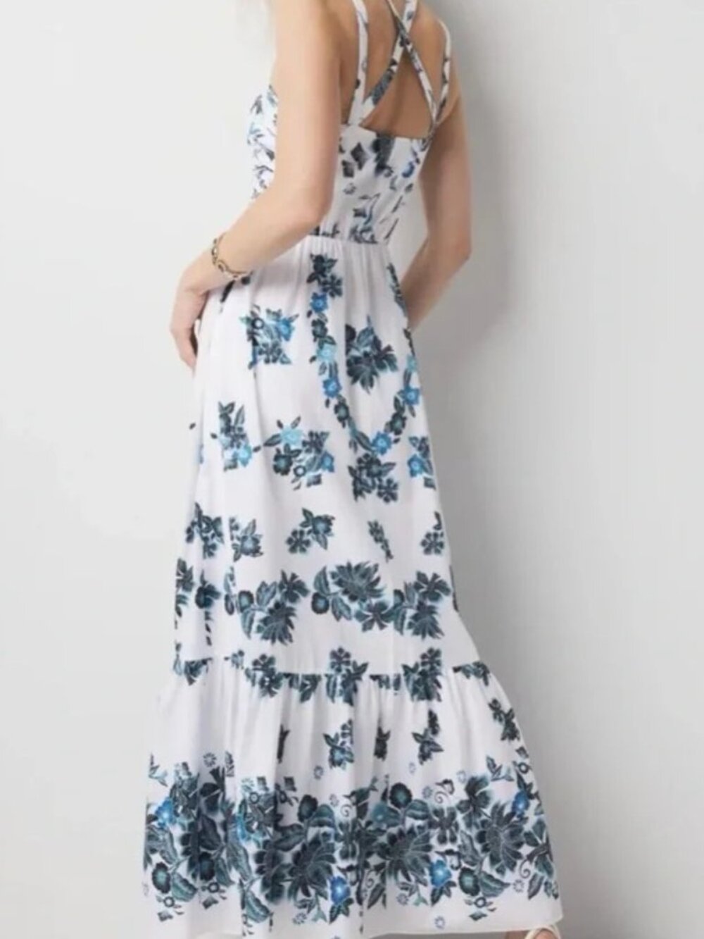 Floral Rain Cotton Dress Interlaced Straps Summer Flouncy Hem - Picture 2 of 10